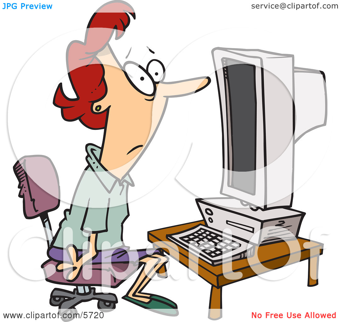 Computer Illiterate Woman Sitting In Front Of A Desktop Pc Clipart