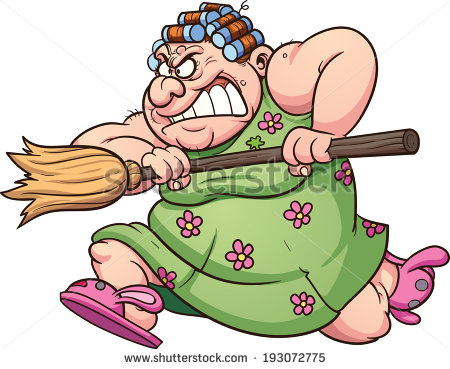 Fat Woman Running With A Broom  Vector Clip Art Illustration With