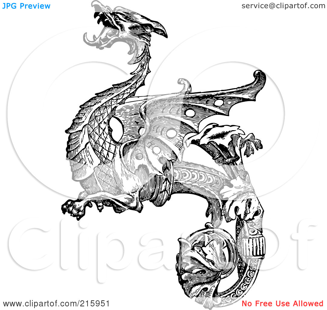 Free  Rf  Clipart Illustration Of A Vintage Black And White Dragon