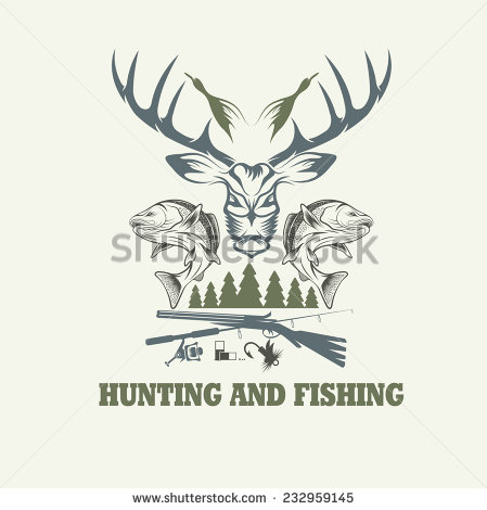 Hunting And Fishing Vintage Emblem Vector Design Template   Stock