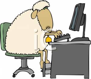 Sheep Sitting At A Desk Typing On A Computer   Royalty Free Clipart