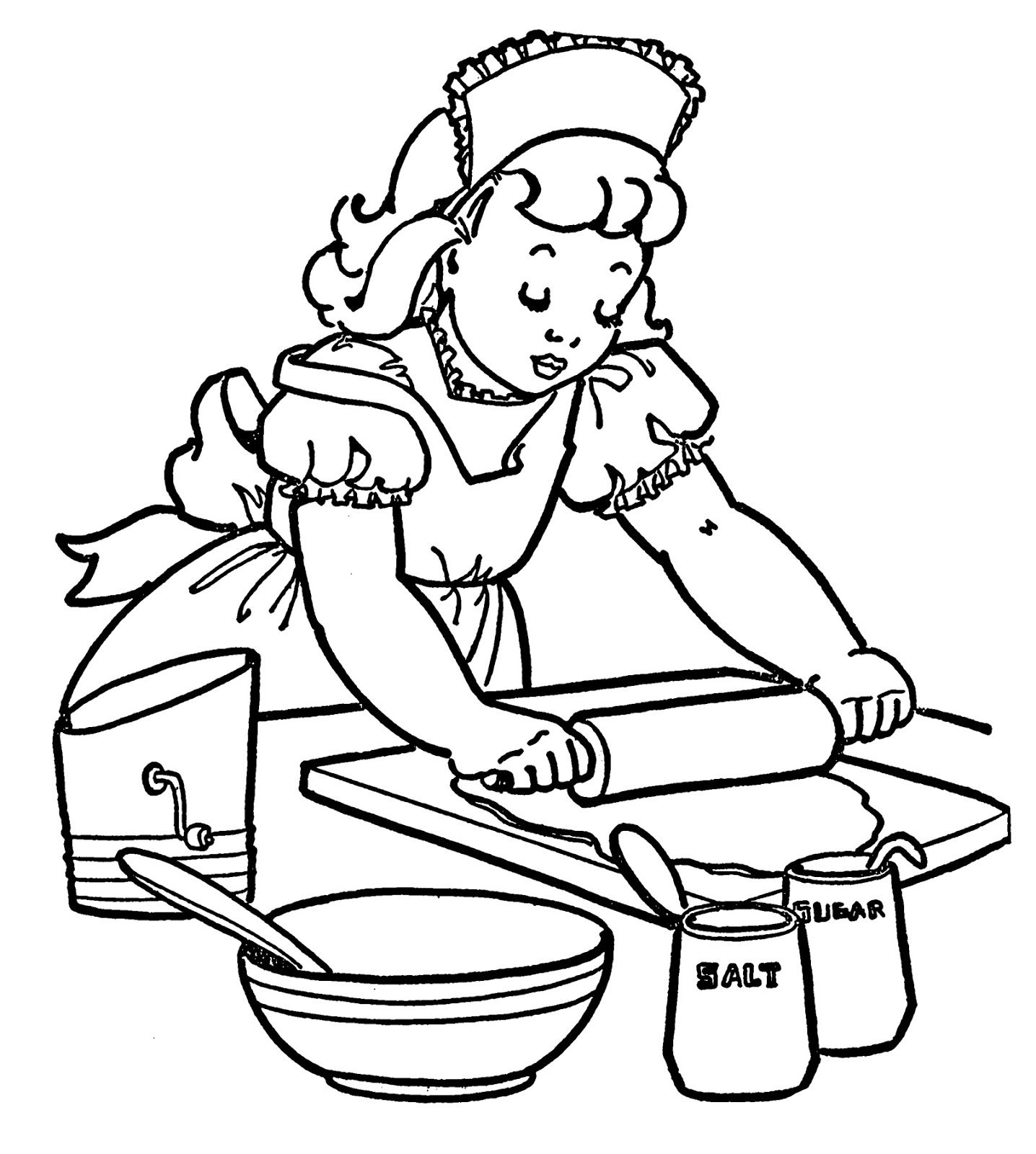 Vintage Coloring Image   Little Girl   Baking   The Graphics Fairy