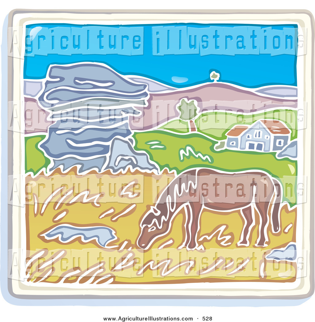 Agriculture Clipart Of A Hungry Brown Horse Grazing On Grasses Near A