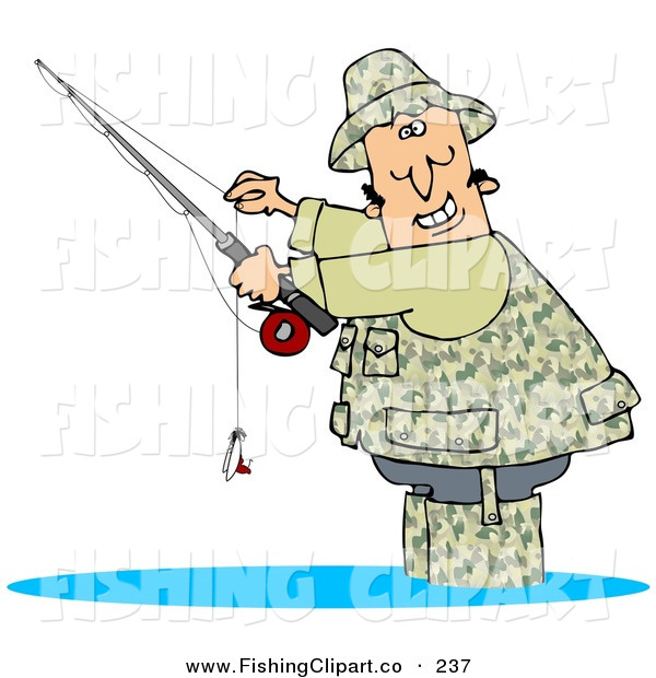 Clip Art Happy Fisherman Dressed Camouflage Gear Wading
