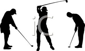 Silhouette Of Three Golfers Playing Golf   Royalty Free Clipart