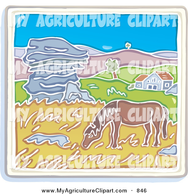 Vector Agriculture Clipart Of A Cute Brown Horse Grazing On Grasses