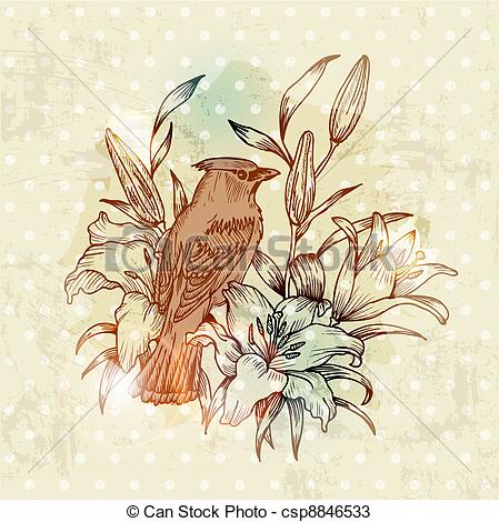 Vintage Spring Card With Bird And Flowers   Hand Drawn In Vector