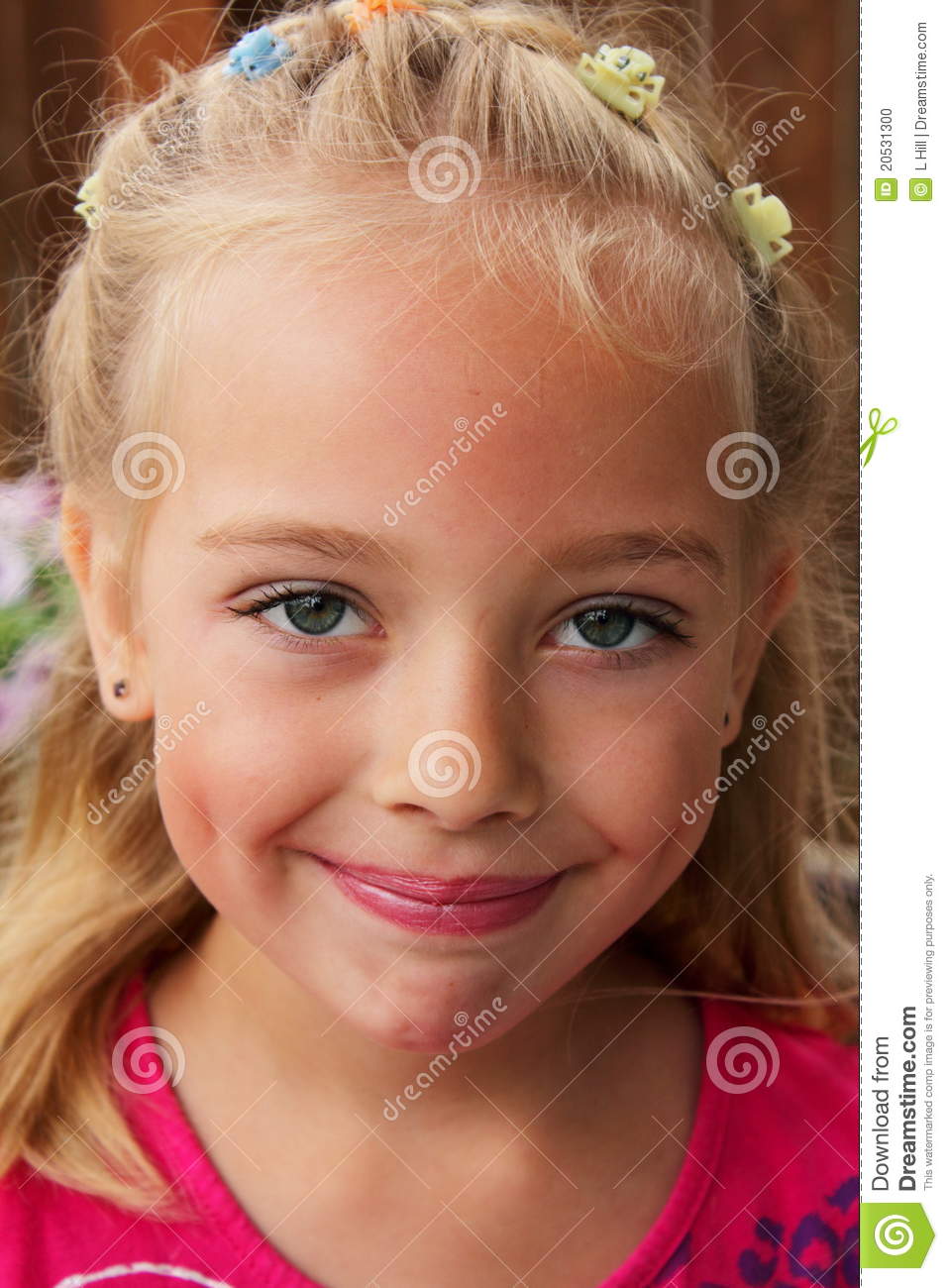 Young Happy Little Blond Girl With Big Dimples In Pink Blouse Clips