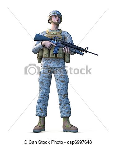 Young Man  Marine Dressed In Camouflage Combat Gear Holding A Rifle    