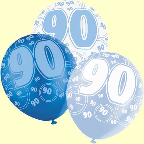 90th Birthday Balloons Blue Glitz Pack Of 6   Party Wizard