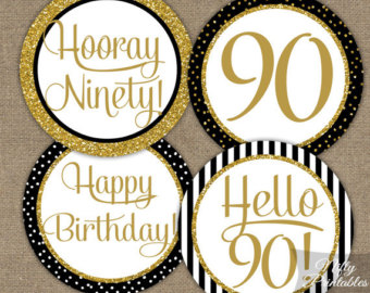 90th Birthday Cupcake Toppers   Bla Ck   Gold   90 Years Bday Party    