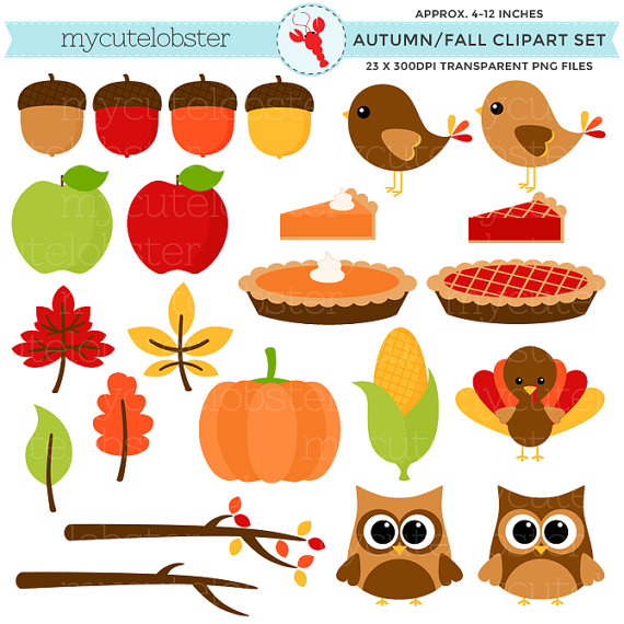 Fall Clipart Set   Clip Art Set Of Turkey Sweetcorn Leaves Owls    
