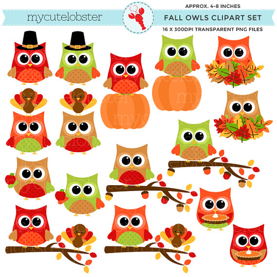 Fall Owls Clipart Set   Clip Art Set Of Owls Autumn Colored Owls    
