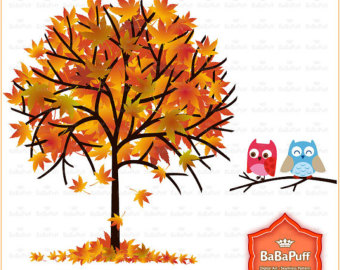 Instant Downloads 4 Fall Trees   Owls Red Maple Leaf Clipart For