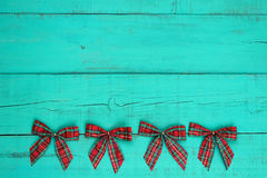 Blank Antique Teal Blue Weathered Wooden Wall With Red Plaid Christmas