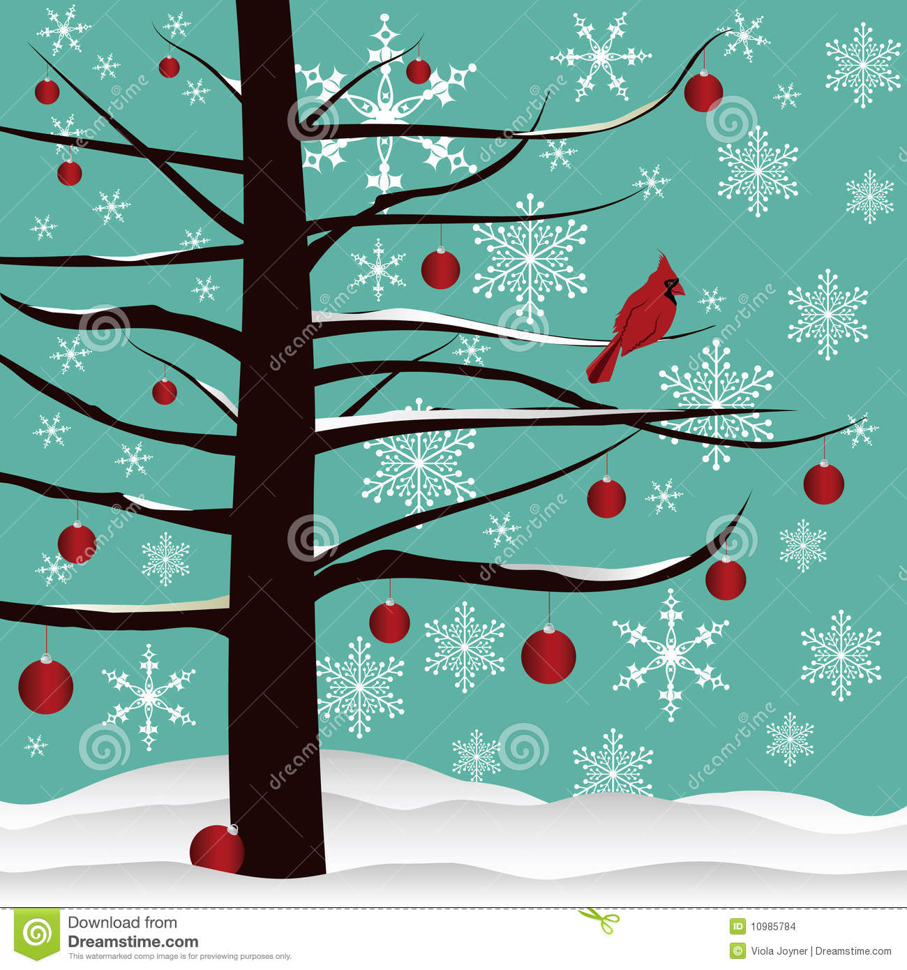 Christmas Tree Background Designed With Red Cardinal Red Ornaments