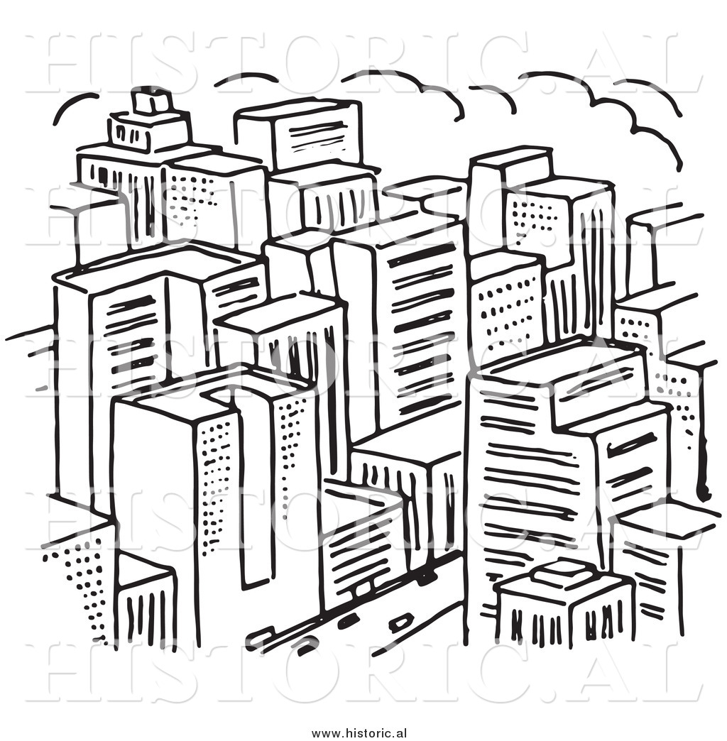 Clipart Of A Big City With Lots Of Skyscrapers   Black And White Line