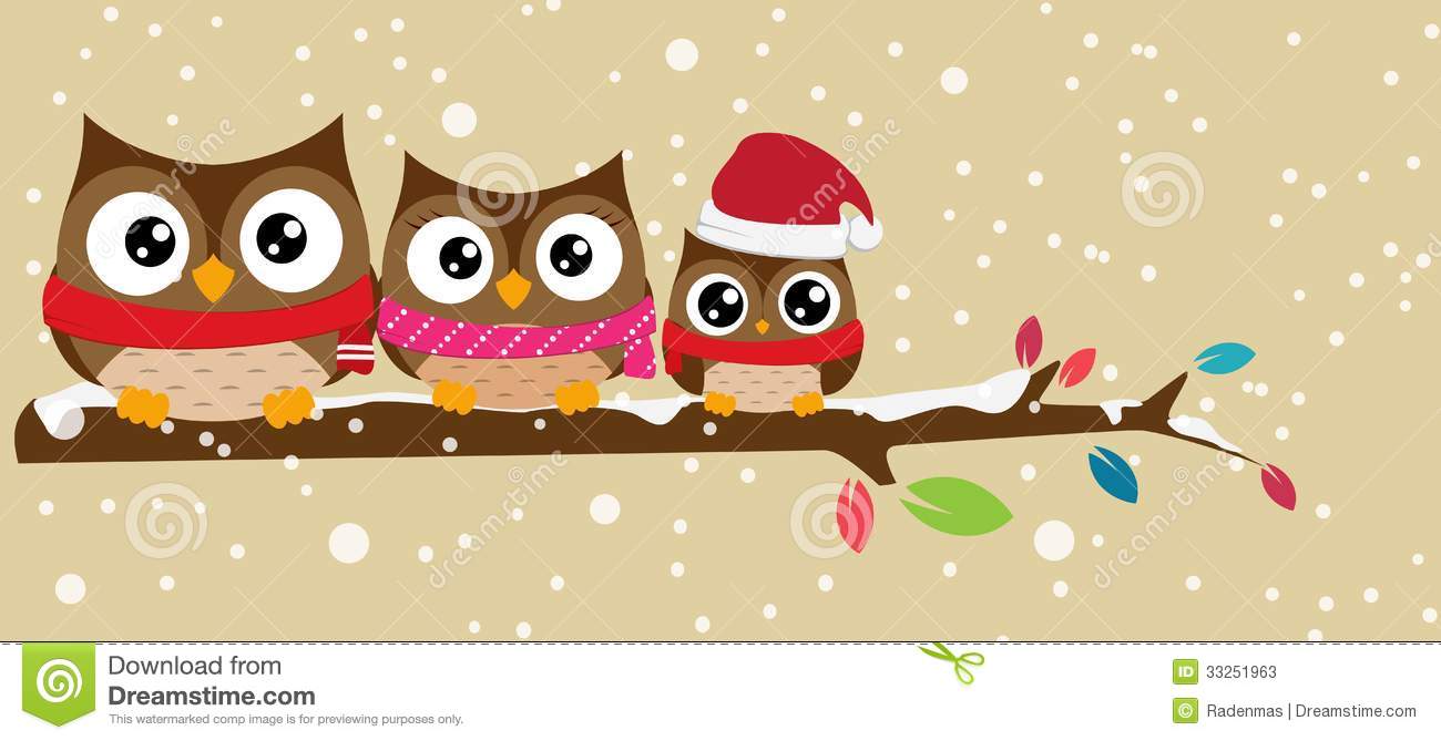 Owl Family On The Branch Christmas Banner