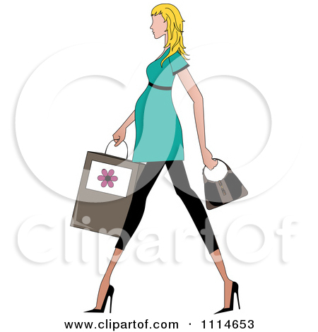 Slender Blond Pregnant Woman Walking With A Shopping Bag And