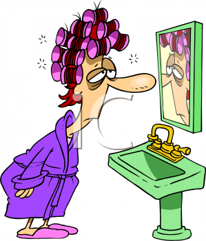 Tired Woman With Rollers In Her Hair Looking In The Mirror Clipart