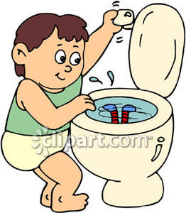 Toddler Flushing A Doll Down A Toilet   Royalty Free Clipart Picture