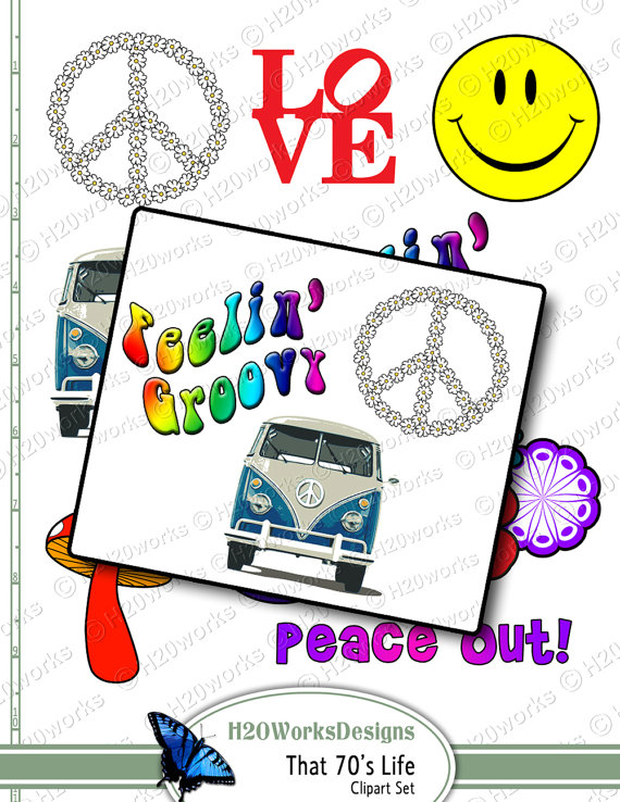 70 S Hippie Retro Clipart On 8 5x11 Sheet   Peace Sign Smiley Van    