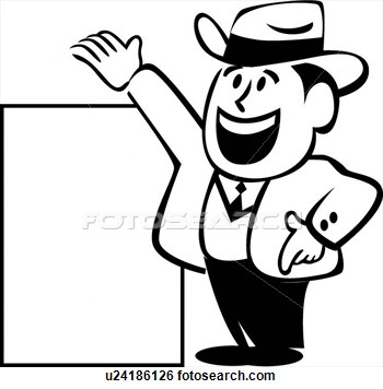Art   Happy Retro Man Standing By Sign  Fotosearch   Search Clipart    