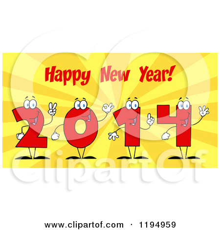 Cartoon Of Red 2014 Number Characters Under Happy New Year Text Over    