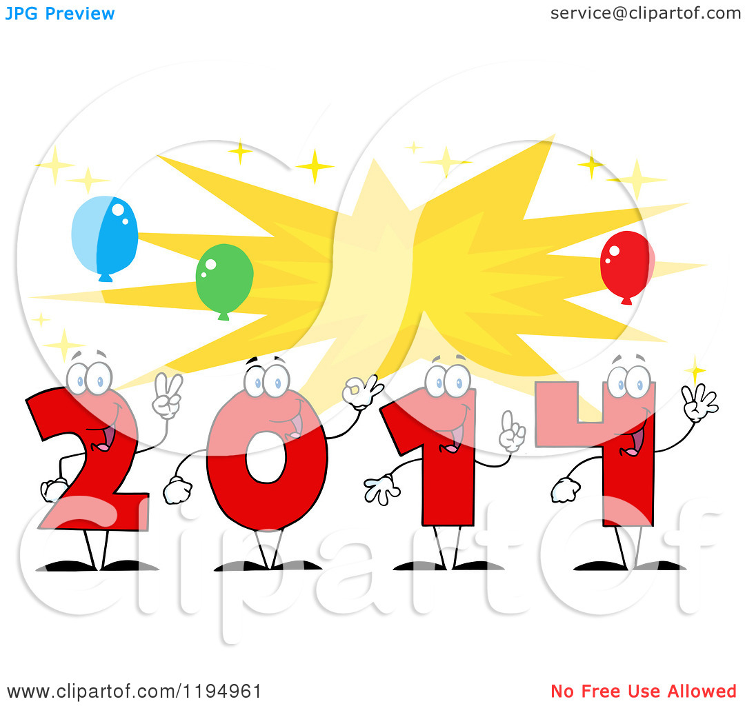 Cartoon Of Red New Year 2014 Number Characters Over A Burst With    