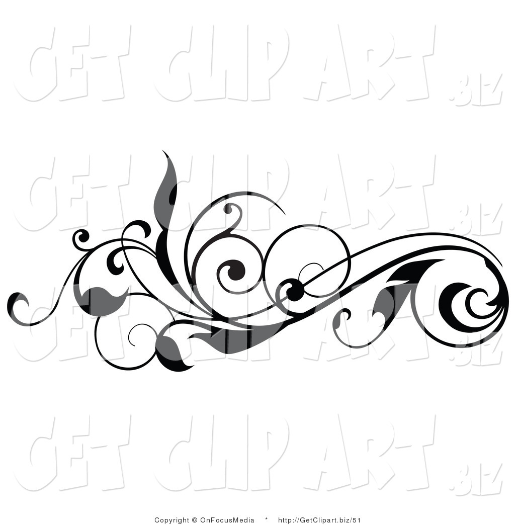 Clip Art Of A Curly Black Silhouetted Leafy Scroll Horizontal Design
