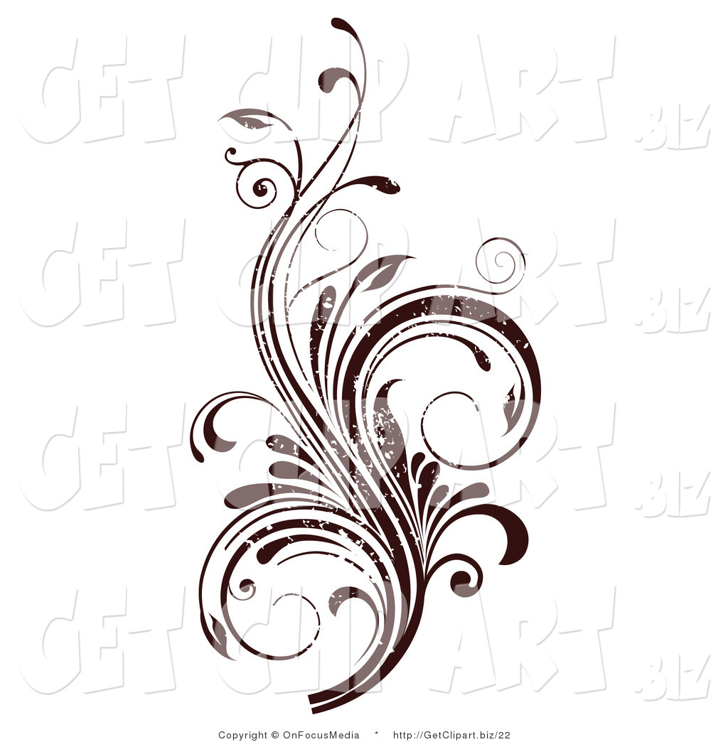 Clip Art Of A Dark Brown Grunge Textured Curly Vine Scrolling Flourish