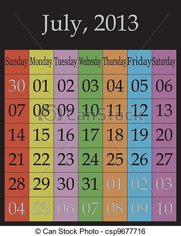 July 2013   Calendar On Specific Color Backround For Each Day Of The