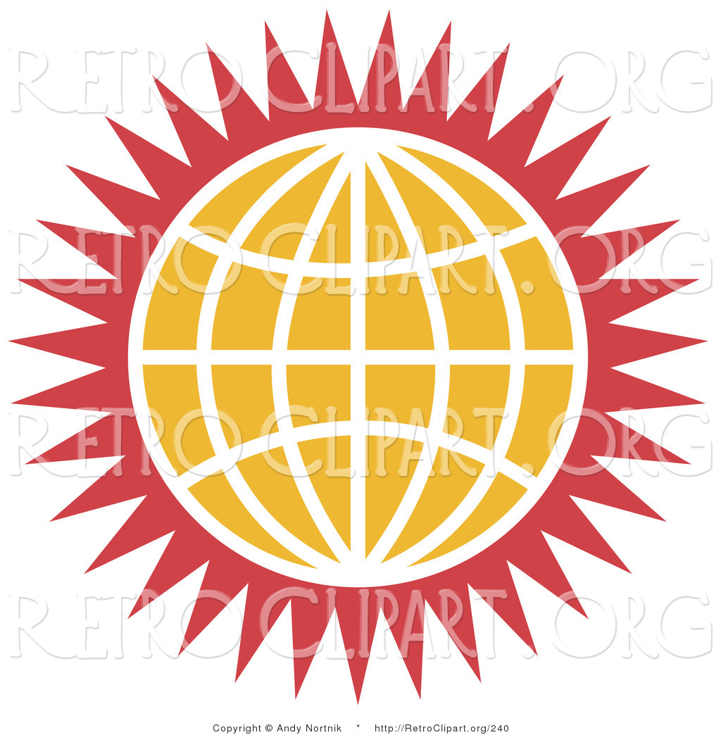 Retro Of A Round Orange Globe With White Lines And Red Spikes Clipart    