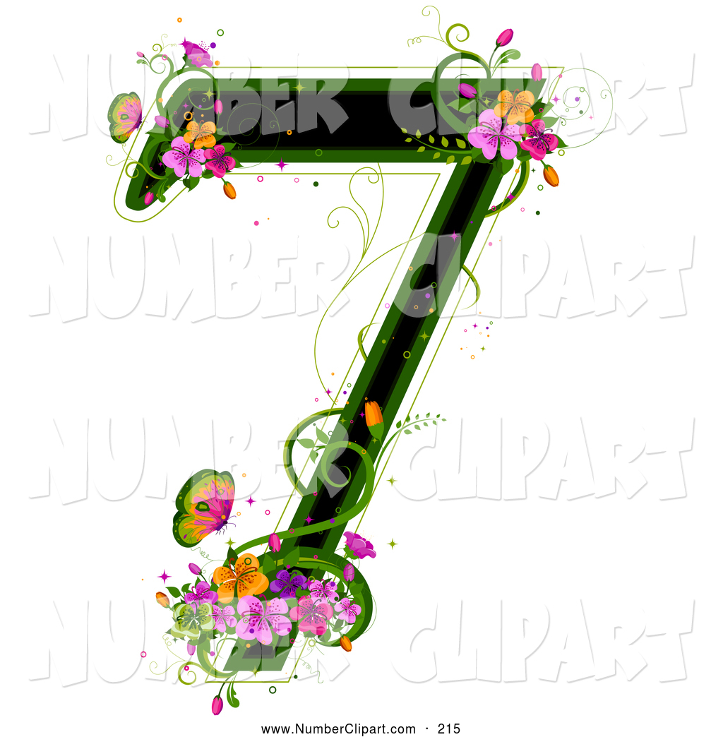 Clip Art Of A Black Number 7 Outlined In Green With Colorful Flowers    