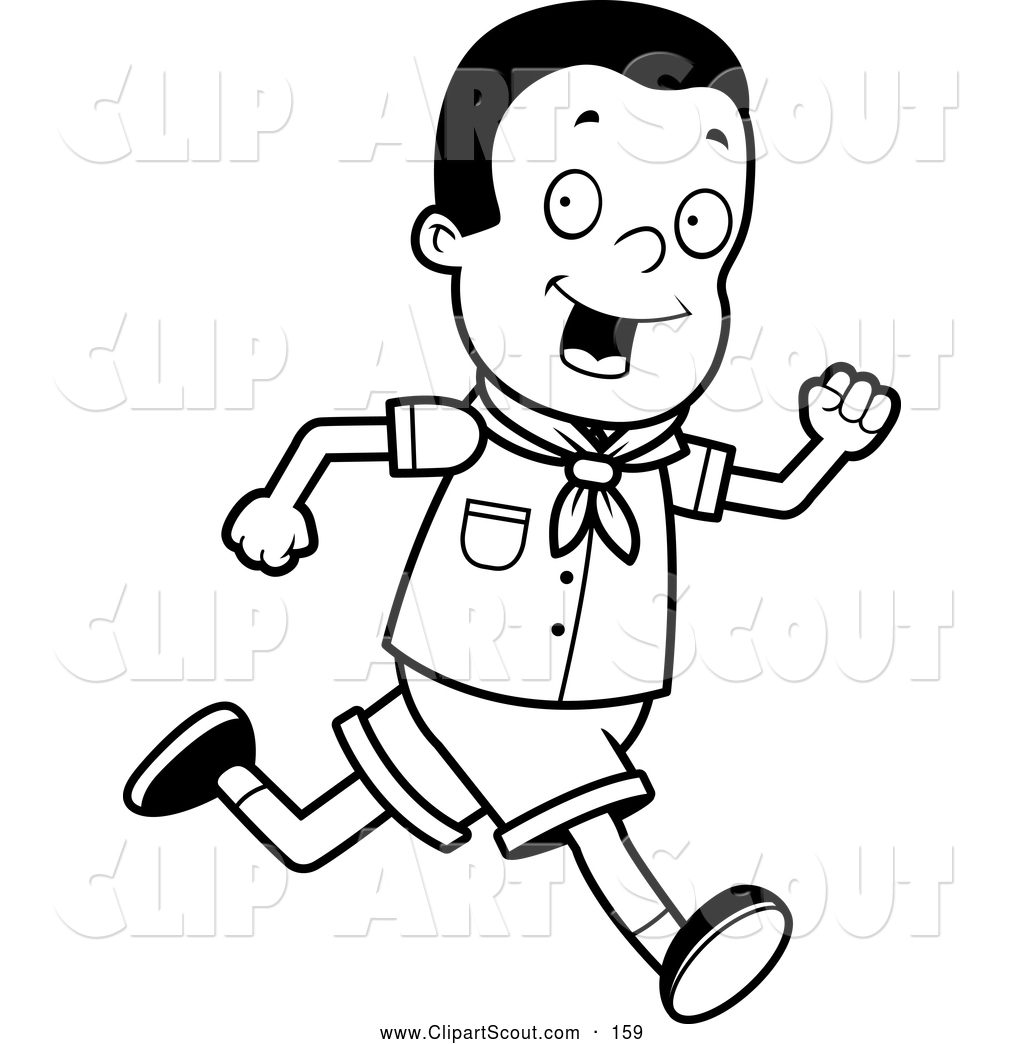 Clipart Of A Black And White Happy Scout Boy Running By Cory Thoman