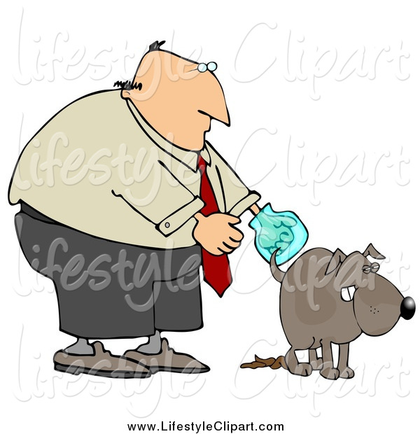 Lifestyle Clipart Of A Bald White Man Ready To Pick Up His Dog Poop By