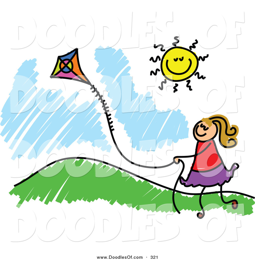 Vector Clipart Of A Childs Sketch Of A Happy Girl Flying A Kite By A