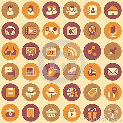 Flat Web Icons Of Social Networking And Multimedia In Retro Colors