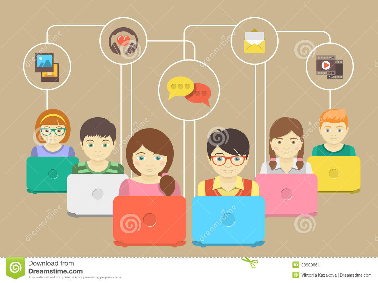 Illustration Of Kids With Laptops Sharing Multimedia Information