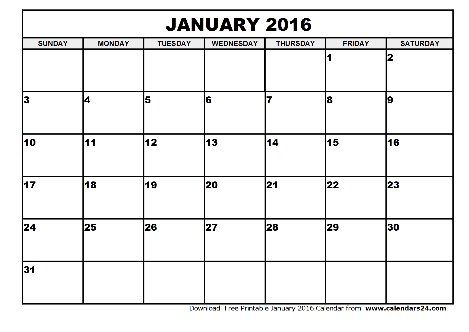 January 2016 Calendar Printable Template Free