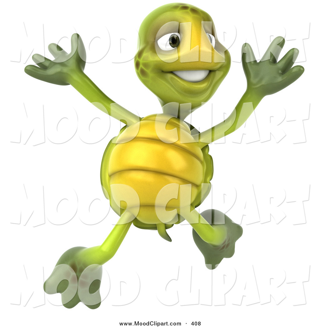 Mood Clip Art Of A Cute Smiling Green Tortoise Leaping Into The Air