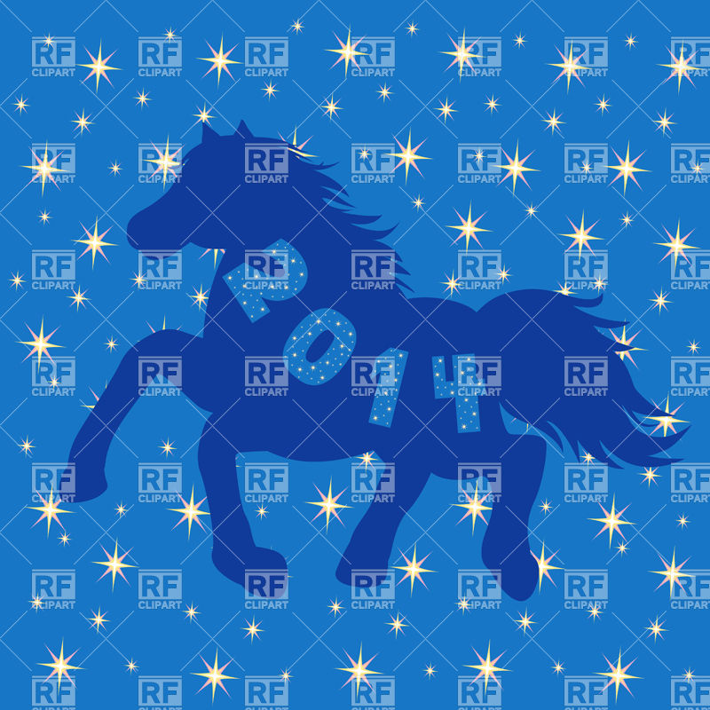 Symbol Of 2014 Year   Silhouette Of Blue Horse On Blue Starry    