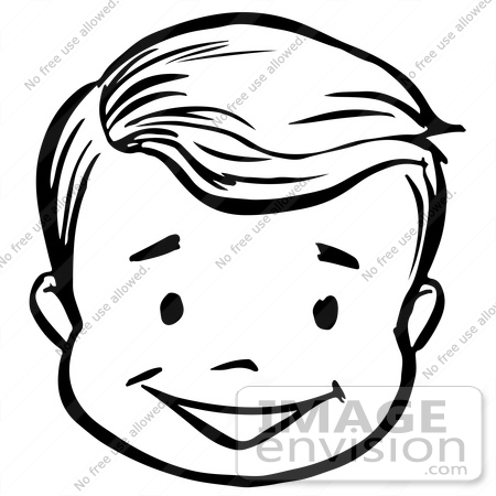 61808 Clipart Of A Happy Retro Boy Face In Black And White   Royalty