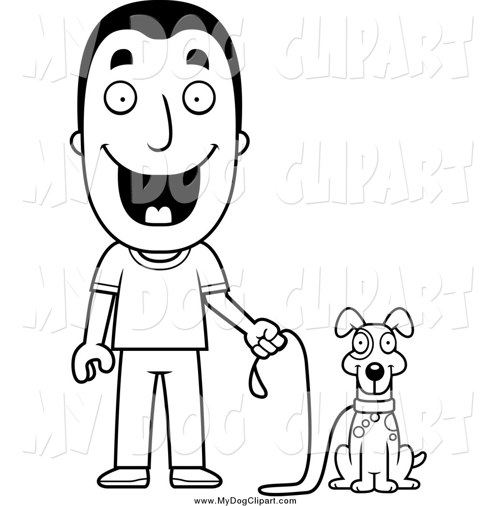 And White Happy Man And His Dog On A Leash Black And White Happy Dog    