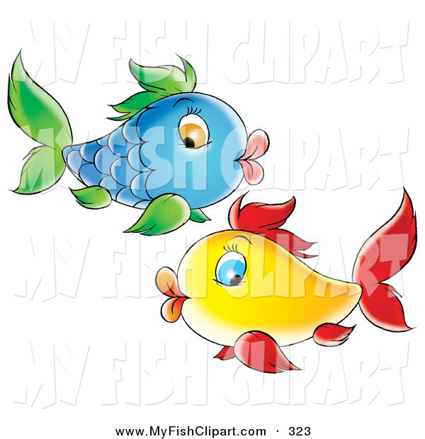 Blue Fish With Green Fins And Puckered Lips Swimming By A Yellow Fish    