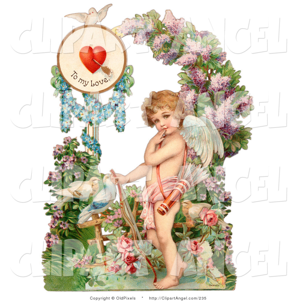 Cute Vintage Valentine Of Cupid Resting His Bow On The Ground In A