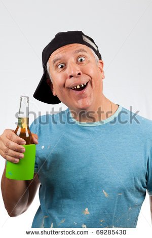 Funny Looking Middle Age Man With Bad Teeth Holding A Beer Bottle And
