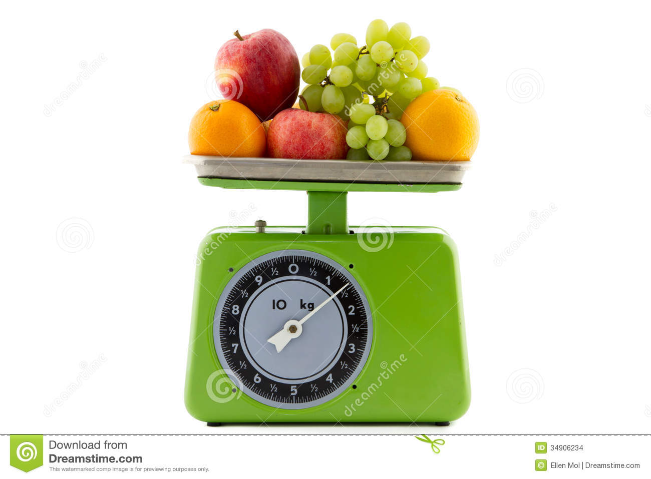 Green Vintage Kitchen Scale With Oranges Apples And White Grapes
