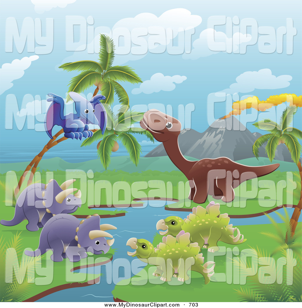 Larger Preview  Clipart Of A Group Of Dinosaurs Standing By A Volcano