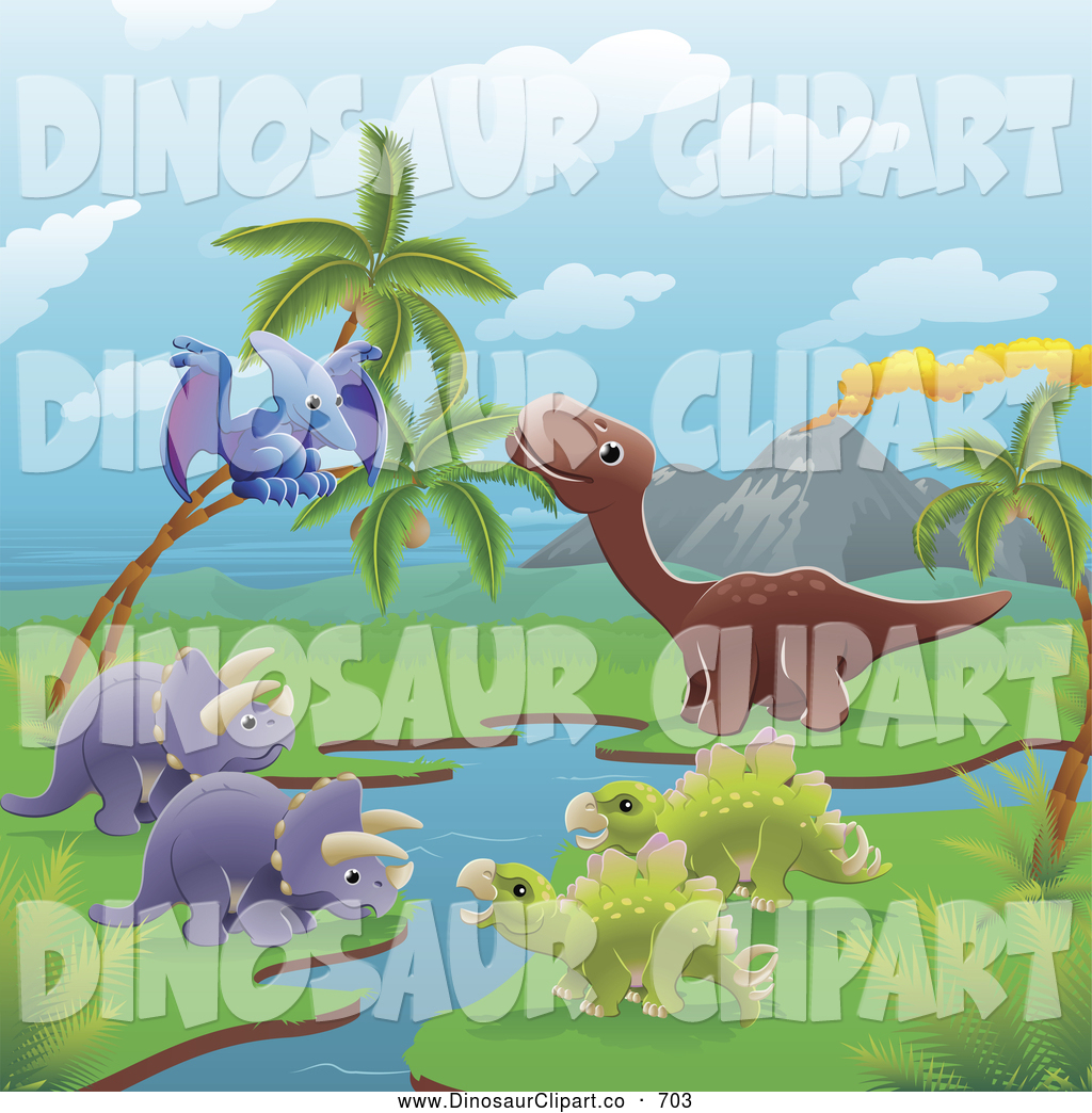 Larger Preview  Vector Clip Art Of A Group Of Dinosaurs By A Volcano